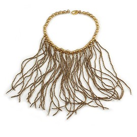 Avalaya Statement Bronze/Gold Glass Bead Fringe Necklace/41cm L/ 20cm Front Drop