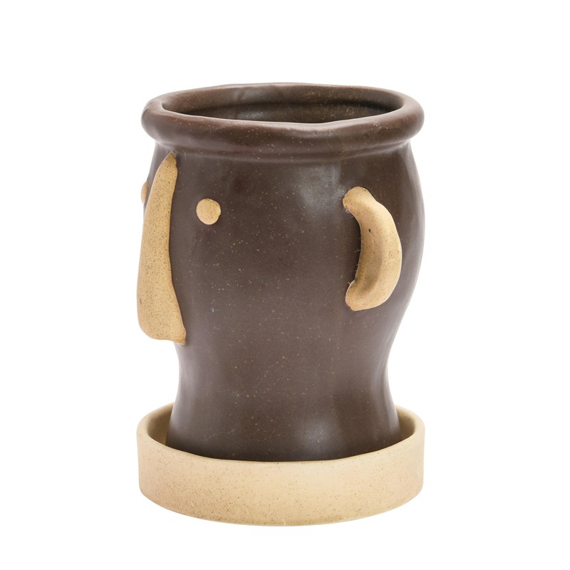 Creative Co-Op Stoneware Face Planter with Saucer, Brown & Cream