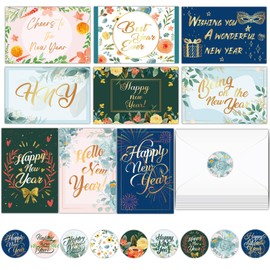 Qpout 18 Packs Happy New Year Cards Bulk with Envelopes and Stickers, 2025 New Years Greeting Card,Holiday Cards for Blessing Happy New Year Holidays Party Favor Supplies