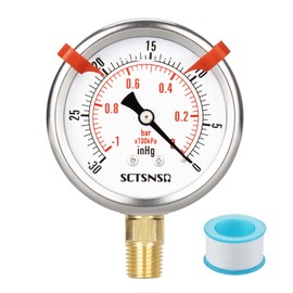 SCTSNSR -30 inHg to 0 Vacuum Pressure Gauge, Glycerin Liquid Filled, 2.5 inch Dial, 1/4" NPT Lower Mount, Stainless Steel Case, for Air Conditioning Line, Tank, Air Pump, HVAC, Pipe, Pressure Test