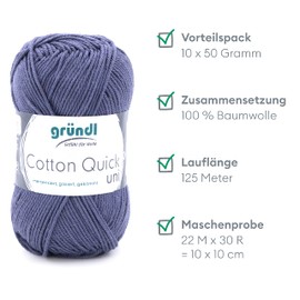 Gründl Cotton Quick Uni Value Pack, 10 Balls of 50 g (Durable Wool, Easy Care, Washable 100% Cotton Yarn, 50 g/125 m, Needle Size: 3–4, 10 x 50 g), Grey Blue