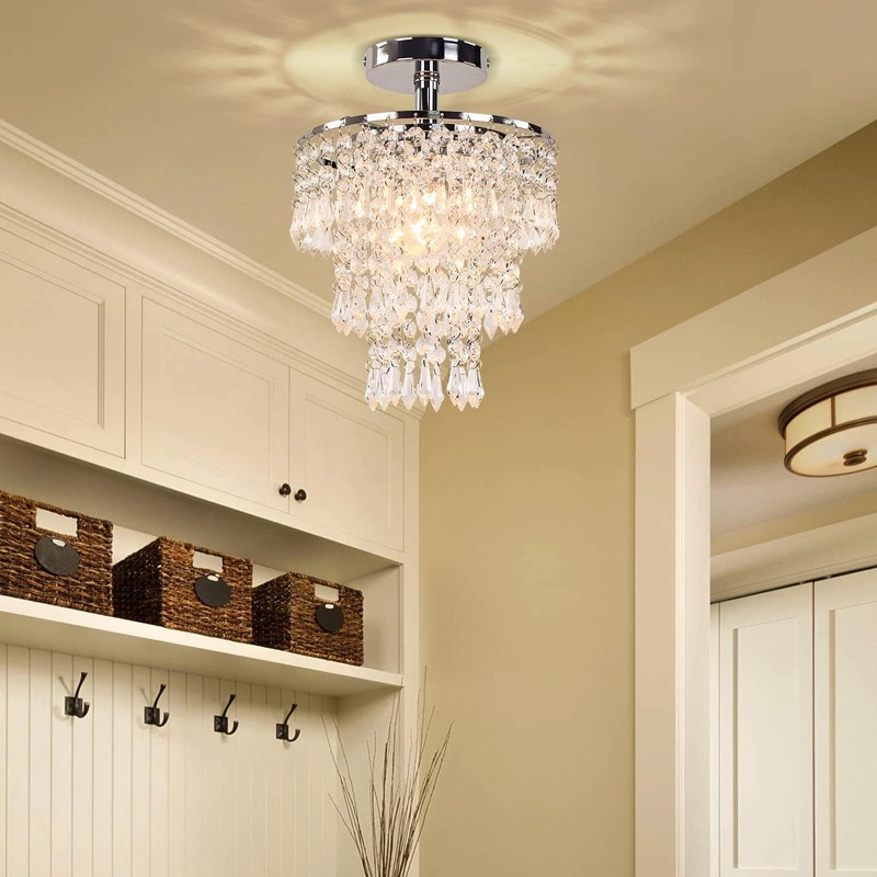 FRIXCHUR Small Crystal Chandelier Led Crystal Ceiling Lights 3 Tiers