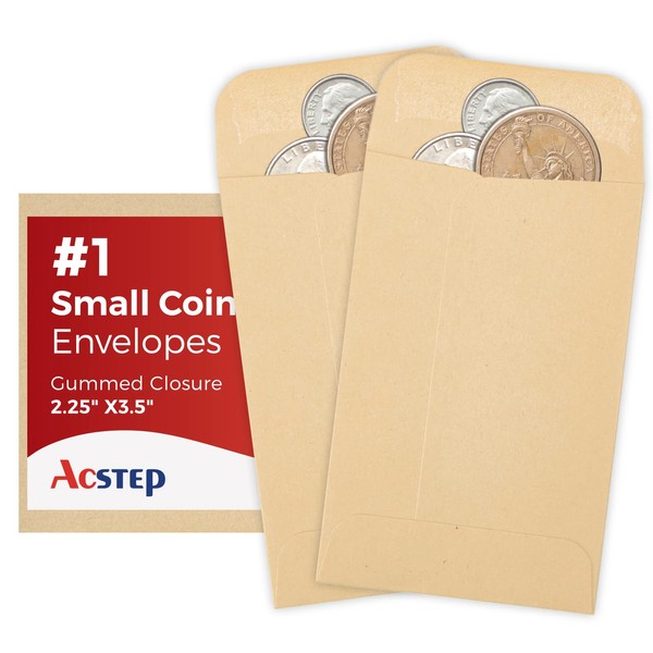 ACSTEP 100 Pack #1 Paper Kraft Seeds Envelopes 2-1/4 X3-1/2, Small Coin Envelope 2x3 For Key, Tip, Seeds Packets, Self Adhesive Water Glummed Mini Tiny Envelopes