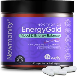 NEWMANITY Energy Gold Nootropico Natural para Concentración, Energía y Ánimo - 2 meses - con Actigin, Calostro, Guaraná, Vitaminas del Complejo B1:B6 y B12, Taurina, Café