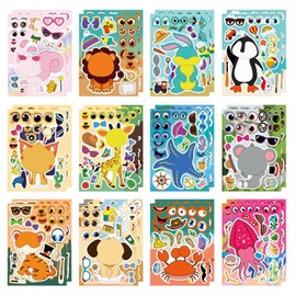 Satiskid 24 Sheets Make-a-Face Animal Stickers (12 Designs × 2), DIY Funny Face Stickers for Kids, Cartoon Animal Crafts, Birthday Party Favors, Classroom Activities - Lion, Squirrel, Rabbit, Elephant