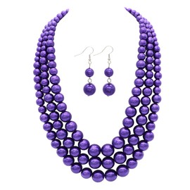 Utop Faux Big Pearl Necklace for Women Multi Strand Pearl Necklace and Earrings Set 3 Layers Pearl Necklaces 1920s Pearl Costume Jewelry Set (purple strands pearl necklace set)