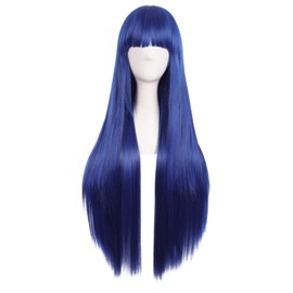 MapofBeauty 32" 80cm Long Straight Anime Costume Cosplay Wig Party Wig (Dark Blue/Black)