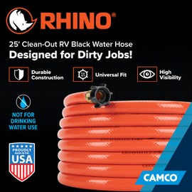 Camco Rhino 25-Ft Clean-Out Camper/RV Black Water Hose - Features a Heavy-Duty PVC Design & Bright Orange Color - Clean-Out Camper Black Water, Grey Water or Tote Tanks - 5/8” Inside Diameter (22990)