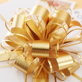 10 PCS Large Pull Bows, Bows for Gift Wrapping, Basket Gift Pull Bows Gift Knot Ribbon Present Wrapping Décor Bows for Birthday Wedding Christmas New Year Party Ornament(Gold)