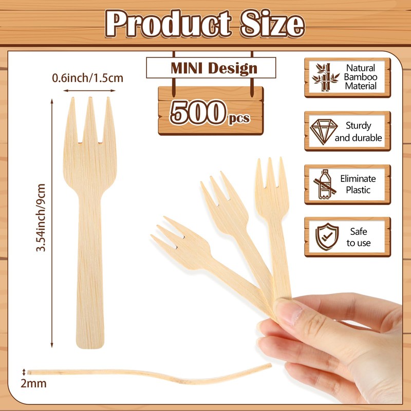 500 Pcs Mini Bamboo Forks 3.54 Disposable Small Wood Appetizer