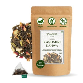 Zyanna Kashmiri Kahwa Tea - Herbal Detox Green Tea bags (40 Cups/20 Teabags) Natural Indian Spices - Cardamom Cinnamon Clove Black Pepper Almonds Rose Petals | Gluten Free Non GMO | Hot Iced Kombucha