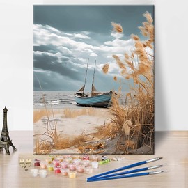 Wooden Ship Painting by Numbers for Adults, Beach and Boat DIY Paint by Numbers Beautiful Landscape Oil Painting Acrylic Painting Kit, 16x20 Inches Without Frame Paint by Numbers for Home Decor