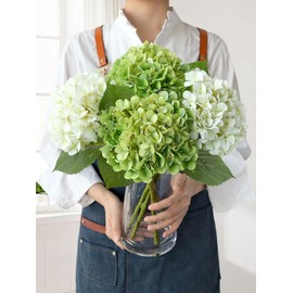 JINWOE 4Pcs Boho Faux Hydrangea Flowers, Green/White 20" Real Touch Fall Artificial Hydrangea,Fake Silk Flowers for Dinning Tables Party Outdoor Home Cemetery Kitchen Wedding Bouquet