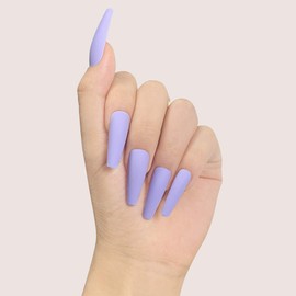 Matte Pure Colors Long Coffin Press On False Nails Medium Length Full Cover Acrylic Fake Nails Ballerina Nails for Women Lady Nail Salons and Home DIY Nail Art 24PCS (JP855 Light Purple)