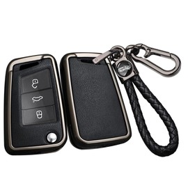 ontto Alloy Car Key fob Cover Fit for VW Golf 7 Ateca Arona MK6 MK7 Polo Jetta Fabia Tiguan for Skoda Seat Leon Ibiza Octavia Flip leather Key case keyring Key Shell holder bag keychain Black