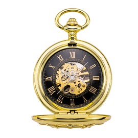 TREEWETO Mens Women Pocket Watch Hollow Rudder Case Roman Numerals Dial Skeleton Golden Fob Watches