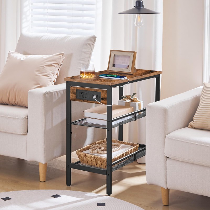 HOOBRO End Table, 3-Tier Narrow Side Table with Charging Station,