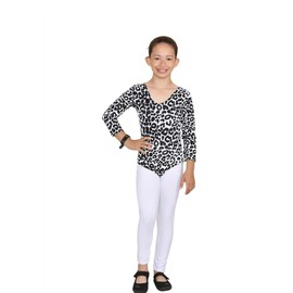 Janisramone Girls Kids New Leopard Print Long Sleeve Stretch Microfibre Dance Gymnastics Leotard Bodysuit Top, Leopard-white