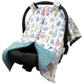 Baby Car Seat Canopy Cover - Outer Space Adventure with Blue Minky Dot