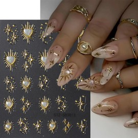2 Sheets Star Heart Nail Art Stickers Retro Starburst 5D Embossed Nail Decals Golden Starburst Silver Heart Luxury Nails Design Nail Decals Manicure Sliders for Women DIY Nail Decorations