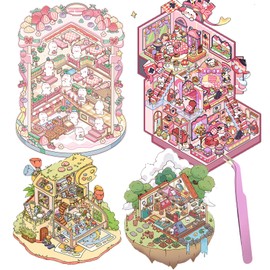 DIY 3D Large House Stickers Kit 4 Sets Non-Toxic & Safe 3D Miniature Scene Therapy for Kids and Adults, Stress Relief Sticker Scenes with Tweezers Reusable DIY Sticker Therapy Kit (4 Set Large-2)