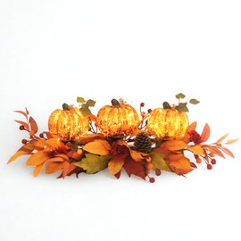 LED Lighted Pumpkin Fall Centerpiece with Maple Leaves, Berries & Pinecones - Battery Operated Thanksgiving Table Decor for Home, Mantel, or Dining