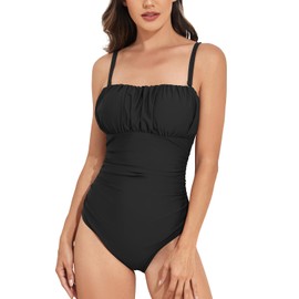 VECENEY Swimming Costume Women One Piece with Tummy Control Ruched Bandeau Strapless Swimwear Black S