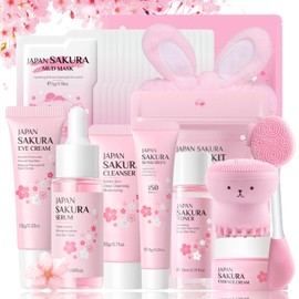 Sakura Skin Care Set Geschenke für Frauen - Skincare Set - Gesichtspflege Beauty set Mädchen - Reiseset Gesichtspflege Set Reinigend & Nährend - Mit Schlammmasken,Serum,Creme,Sonnencreme