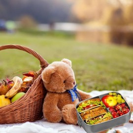 Bento Lunch Box for Adults/Children, Stainless Steel Lunch Box with 2 Compartments/3 Compartments, Metal Tin with Wooden Lid, BPA-Free Metal Lunch Box, Breakfast Box for School/Excursions (1200 ml, 3