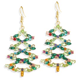Dainty Elegant Sparkly Colorful Crystal Big Christmas Tree Dangle Drop Earrings Chic Charm Green Xmas Dress Up Jewelry Earrings for Women Hypoallergenic Holiday X-mas Christmas Tree Jewelry (Green)