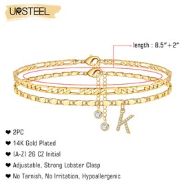 Ursteel Initial Ankle Bracelets for Women, 14K Gold Plated Ankle Bracelet with Initial K Dainty Adjustable Chain CZ Initial Gold Anklets for Women Jewelry Gifts for Women