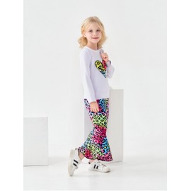WMHNEI Kid Young Girl Heart Print Pullover Top + Colorblock Flare Leg Pants 2PC Clothing Set(6-7T)