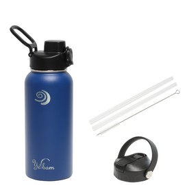 Yerbam 32oz Stainless Steel Insulated Water Bottle One-Touch Open Chug Lid & Covered Straw Lid Wide Mouth Direct Drink Dishwasher Safe Leakproof Sweat-Free BPA-Free (Metallic Blue)