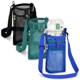 HTZNHXT 3Pcs Water Bottle Holder with Strap, Mesh Water Bottle Bag Carrier with Adjustable Shoulder, Water Bottle Carrier with Strap and Pouch for Walking and Travelling