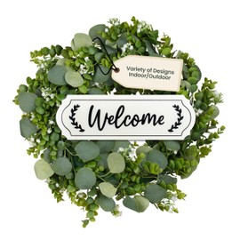 Artificial Eucalyptus Leaf Welcome Wreath for Front Door - Faux 18 Inch Front Door Wreath with White Welcome Sign for Front Door, Outside Wall, Window, Outdoor Party, Holidays