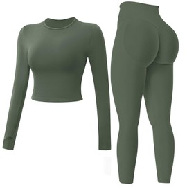 MAYROUND Workout Sets for Women 2 Piece Long Sleeve Top Hidden Scrunch Leggings Gym Set Seamless Yoga Outfit Athletic Clothes