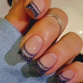 SINHOT Press on Nails Medium Square Fake Nails Glossy Glue on Nails Black Glitter Bling Acrylic Nails Squoval Artificial Nails French Tip Stick on False Nails with Design 24 pcs