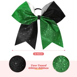 CEELGON Large Glitter Cheer Bows 12 PCS 8" Two Toned Ponytail Holder Girls Elastic Hair Ties for Teens Girls Softball Competition Sports Cheerleaders-Black/Green