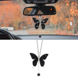 Couslcd Bling Butterfly Diamond Car Accessories, Crystal Car Rear View Mirror Charms for Women, Car Decoration Lucky Hanging Interior Crystal Ornament Pendant Decor for All Cars (Black)