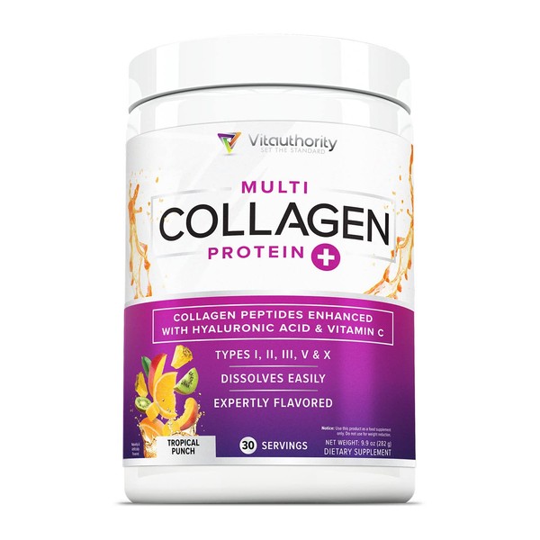Multi Collagen Peptides Plus Hyaluronic Acid and Vitamin C Hydrolyzed Collagen Proteins Types I II III V and X Tropical Punch Flavor