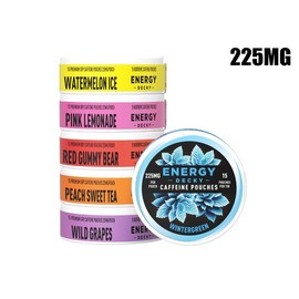 225mg Variety 6-Pack Watermelon, Pink Lemonade, Red Gummy Bear, Peach Sweet Tea, Wild Grape, Wintergreen Caffeine Energy Pouches - 90 Pouches