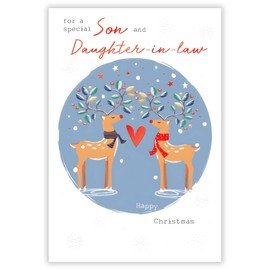 Son and Daughter-in-Law Christmas Card - Deer Couple and Love Heart - Contemporary Festive Design - Special Finishes and Illustrated Insert Leaf - Made in the UK - Eco-Friendly