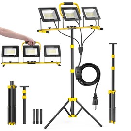 Upgraded LED Work Lights with Stand, 21000 Lumen 3-Head Adjustable Work Light, IP66 Waterproof Construction Tripod Light, Foldable & Portable Work Lights for Garage, Job Site, Outdoor Use