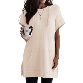 Dokotoo Womens Tunic Tops Casual Waffle Knit Shirts for Women Summer Fashion Drawstring Short Sleeve Solid Color Tunics Oversized Hoodie for Women with Pocket Apricot Medium