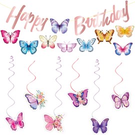Butterfly Birthday Party Decoration,Happy Birthday Bunting Banner Butterfly Flower Ceiling Hanging Swirl Streamers Wall Stickers for Girl Women Princess Spring Birthday Party Decoration Supplies