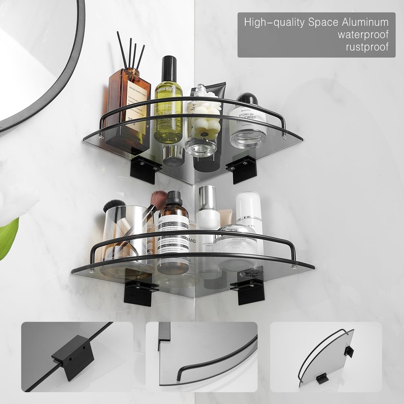 Voldra 2 Pack Glass Corner Shower Shelf for Bathroom Black