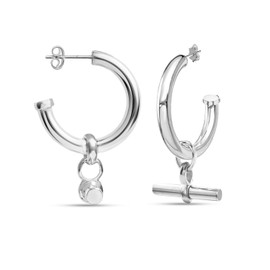LeCalla 925 Sterling Silver T-Bar Dangle Hoop Earrings for Women | T Bar Pendant Hoop Earrings | Silver C-Hoop Earring with T Bar 43MM