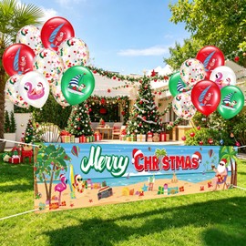 Lenwen 42 Pcs Summer Christmas Decorations Set Summer Christmas Fence Banner July Banner and Latex Balloons Santa Flamingo Tropical Beach Theme Party Supplies Yard Garden Outdoor Decor