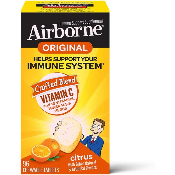 Vitamin C 1000mg - Airborne Citrus Chewable Tablets (96 count in a box), Gluten-Free Immune Support Supplement and High in Antioxidants, Packaging May Vary