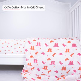 LollyBanks Baby Girl Crib Sheets 2 Pack, 100% Muslin Cotton Soft and Breathable Baby Crib Sheets, Snug Fitted Sheet for Standard 52"x28" Mattress, Nursery Must Haves (Pink Boot and Pink Star)